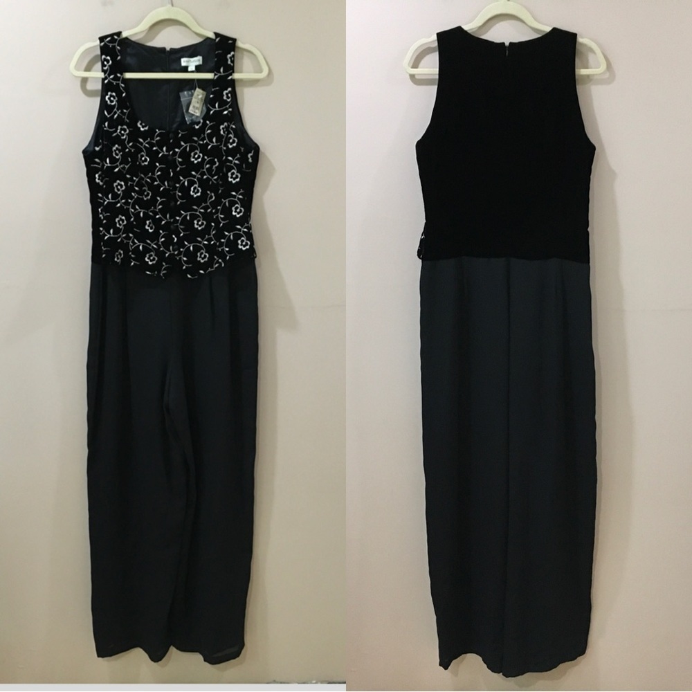 Ann Taylor Vintage 80s Embroidered Velvet Jumpsuit wide leg Black size 14 new - Picture 1 of 11